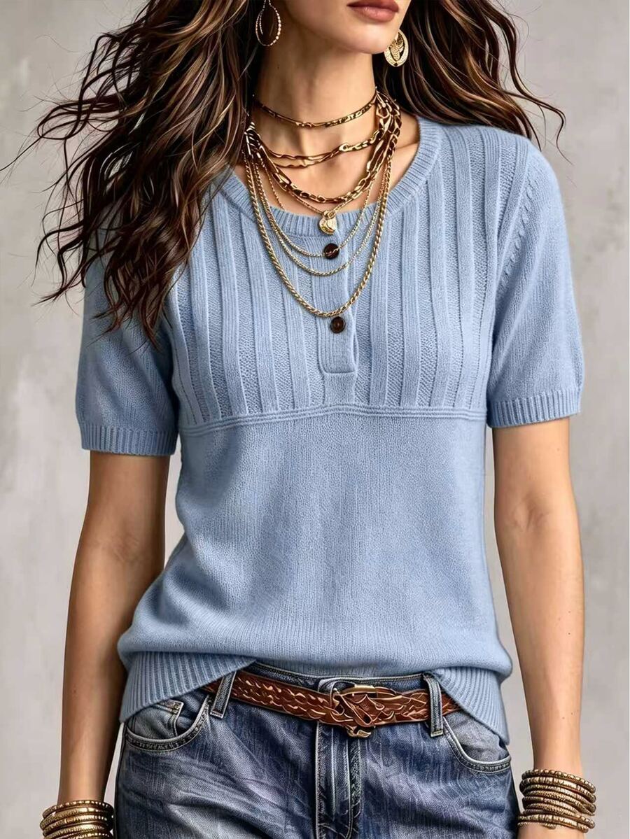 Marielle Textured Knit Half-Button Short Sleeve Sweater Top - Dusty Blue