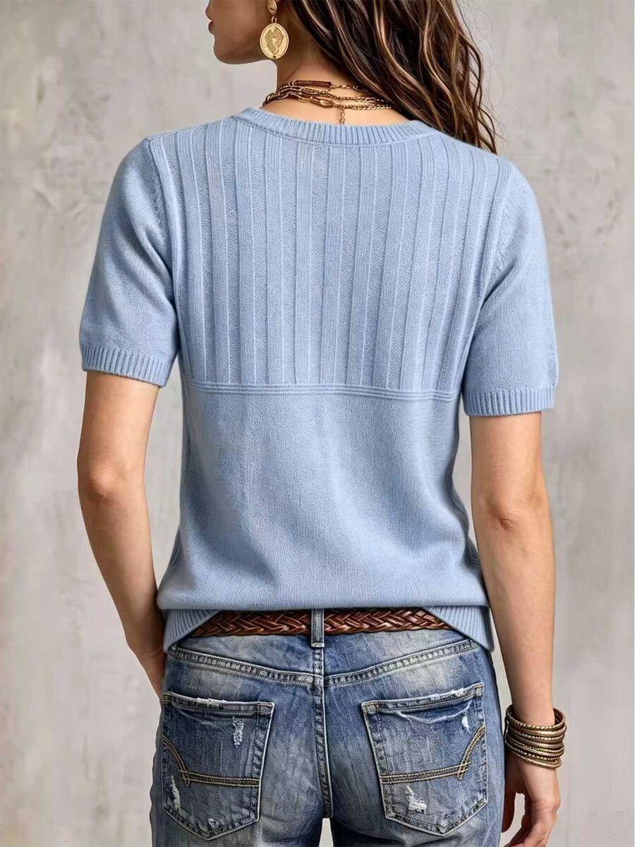 Marielle Textured Knit Half-Button Short Sleeve Sweater Top - Dusty Blue
