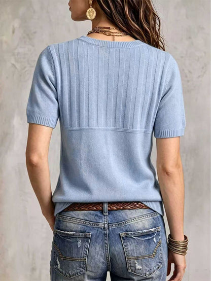 Marielle Textured Knit Half-Button Short Sleeve Sweater Top - Dusty Blue