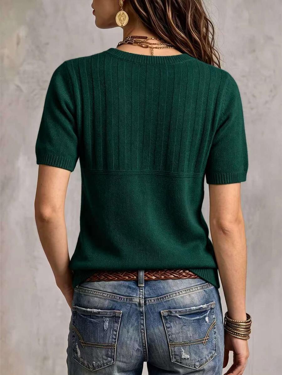 Marielle Textured Knit Half-Button Short Sleeve Sweater Top - Dark Green