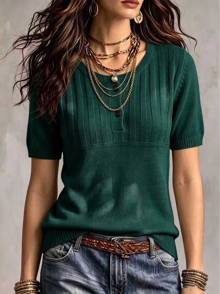 Marielle Textured Knit Half-Button Short Sleeve Sweater Top - Dark Green