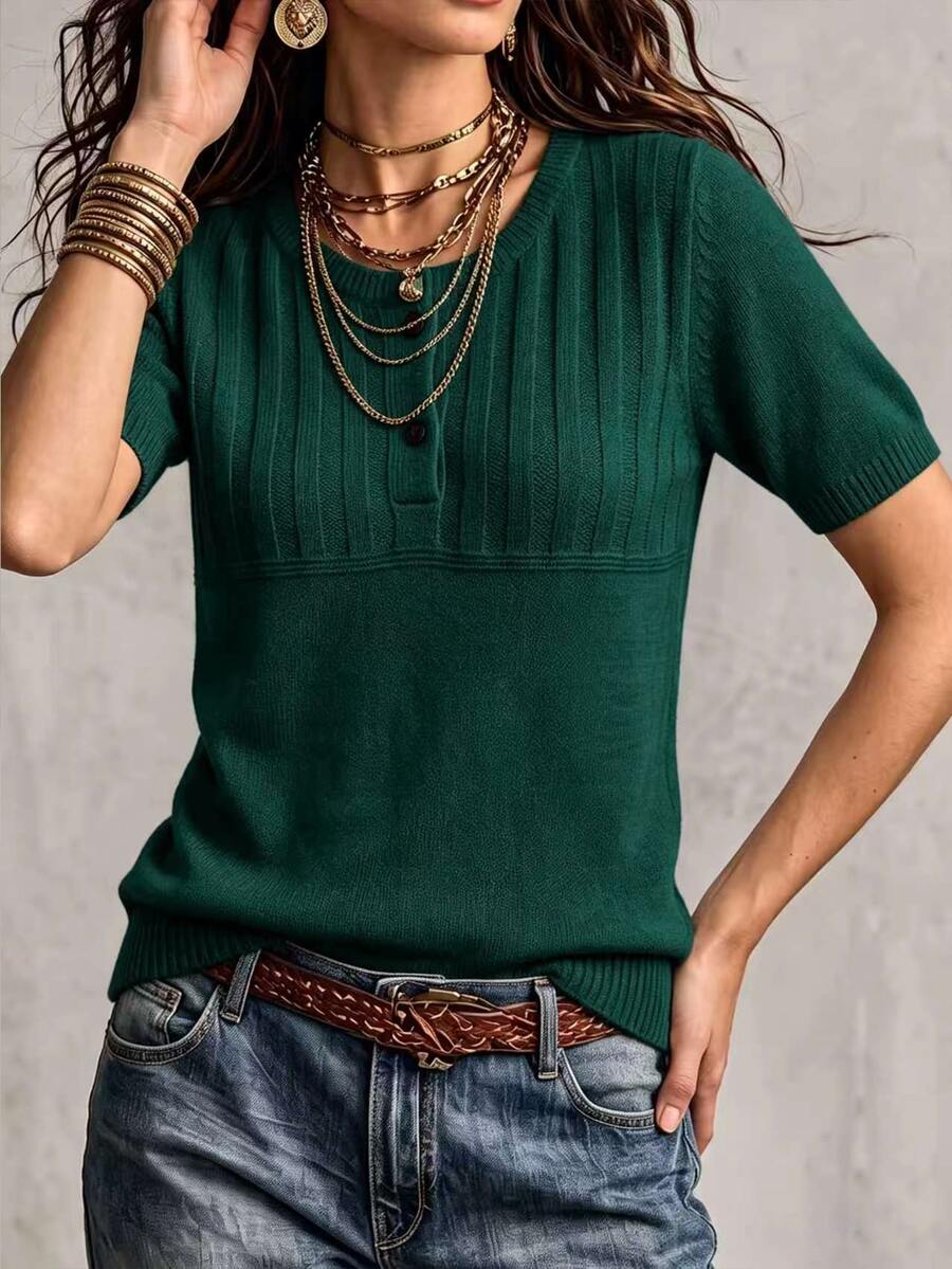 Marielle Textured Knit Half-Button Short Sleeve Sweater Top - Dark Green