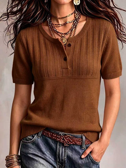 Marielle Textured Knit Half-Button Short Sleeve Sweater Top - Rust Brown