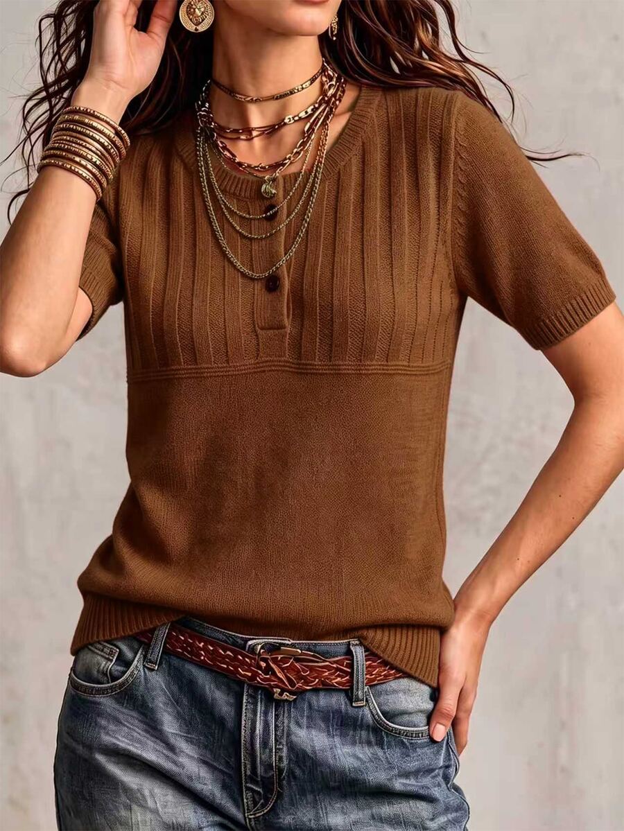 Marielle Textured Knit Half-Button Short Sleeve Sweater Top - Rust Brown