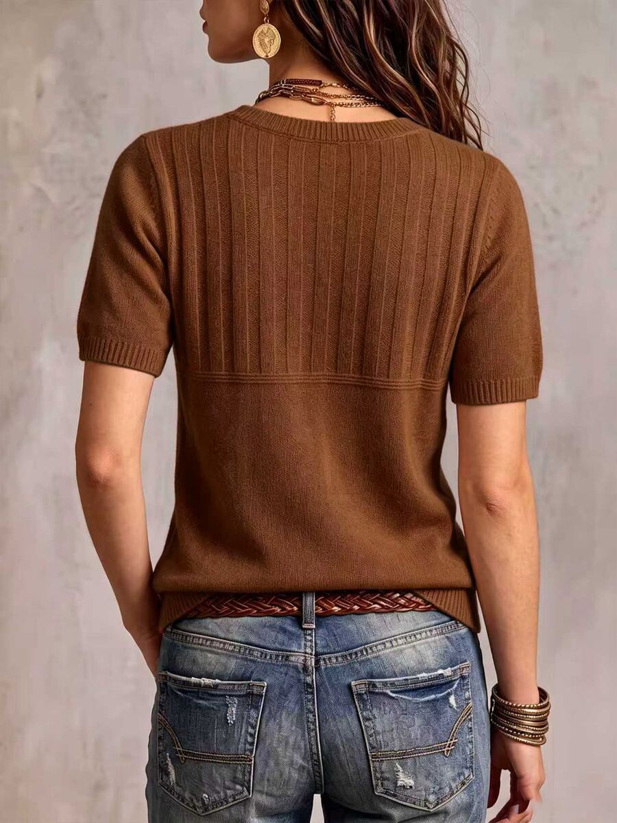 Marielle Textured Knit Half-Button Short Sleeve Sweater Top - Rust Brown