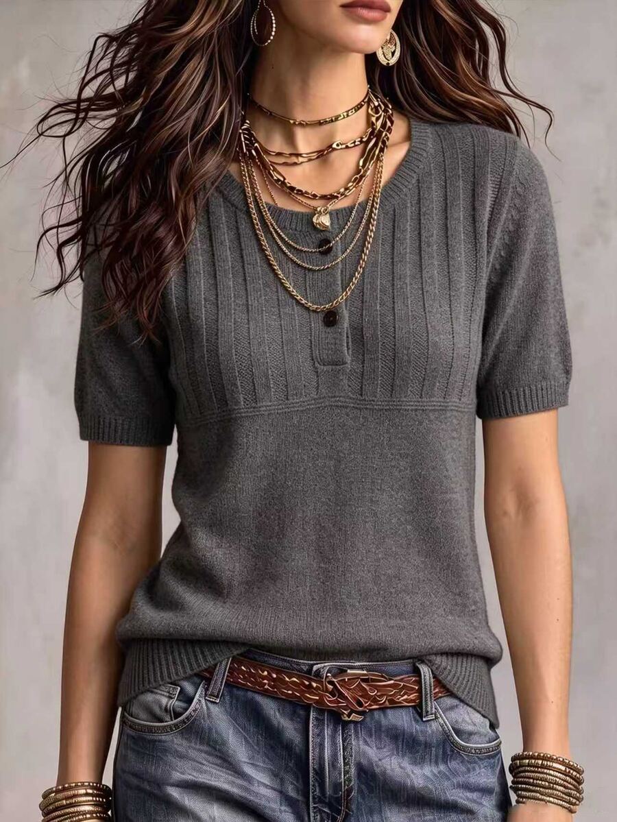 Marielle Textured Knit Half-Button Short Sleeve Sweater Top - Dark Grey