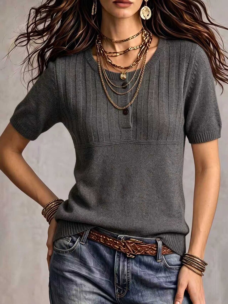 Marielle Textured Knit Half-Button Short Sleeve Sweater Top - Dark Grey
