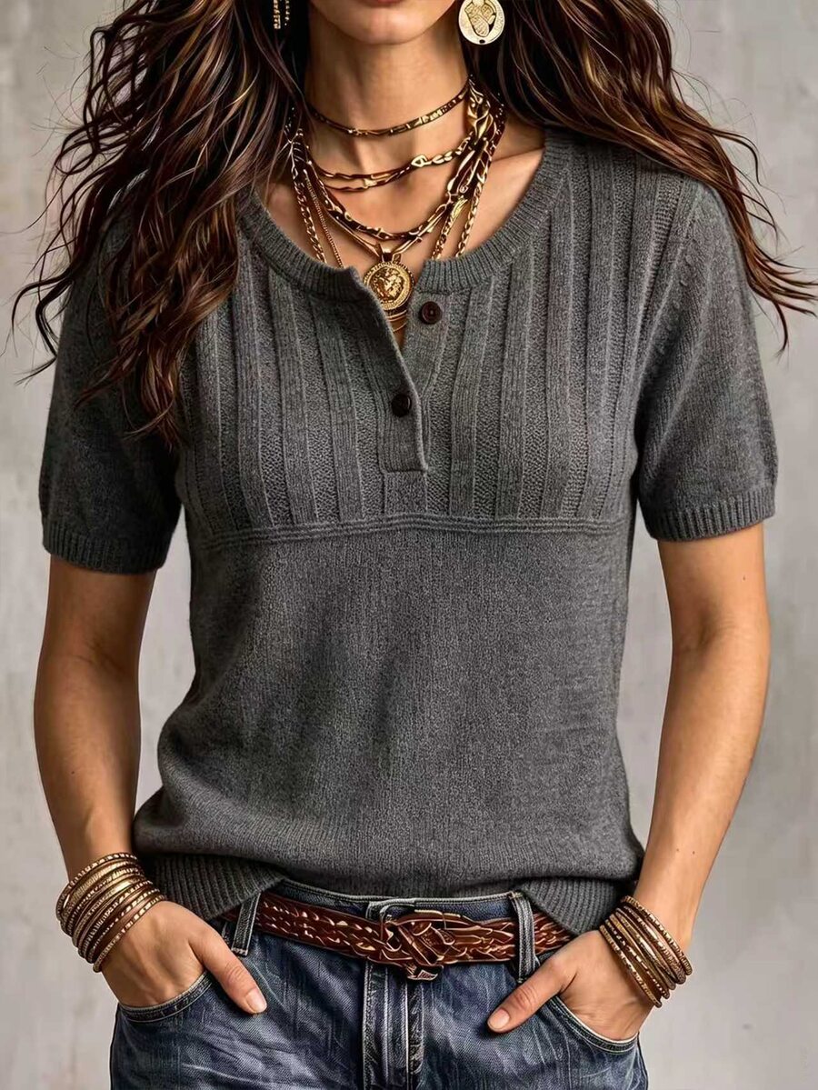 Marielle Textured Knit Half-Button Short Sleeve Sweater Top - Dark Grey