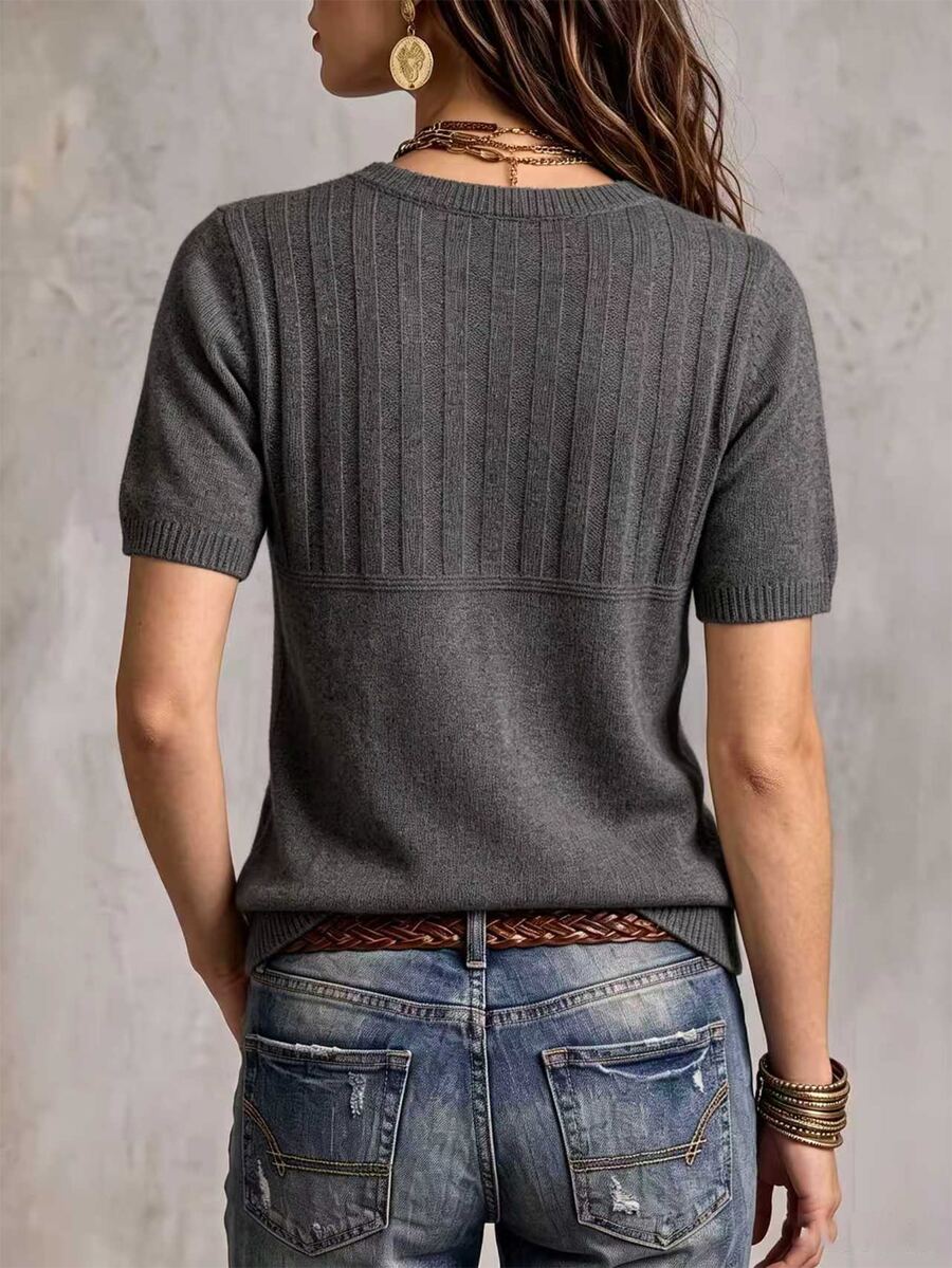 Marielle Textured Knit Half-Button Short Sleeve Sweater Top - Dark Grey