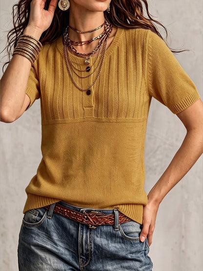 Marielle Textured Knit Half-Button Short Sleeve Sweater Top - Mustard Yellow