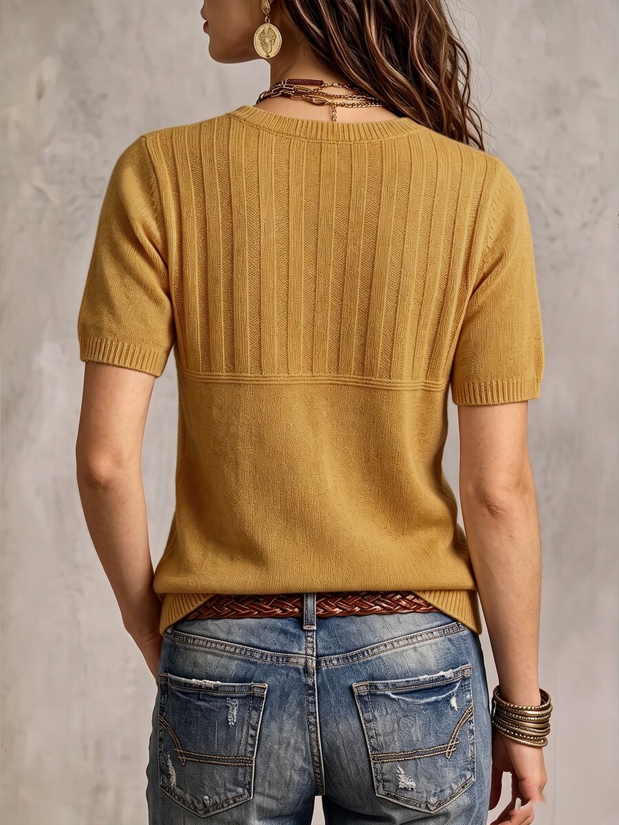 Marielle Textured Knit Half-Button Short Sleeve Sweater Top - Mustard Yellow