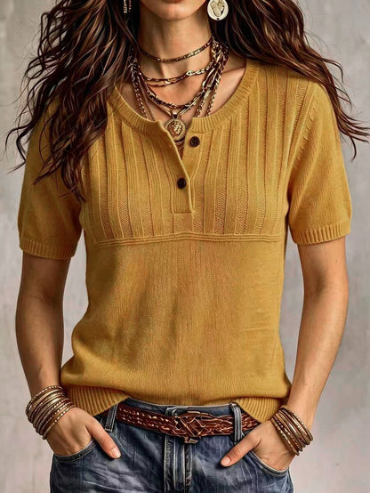 Marielle Textured Knit Half-Button Short Sleeve Sweater Top - Mustard Yellow