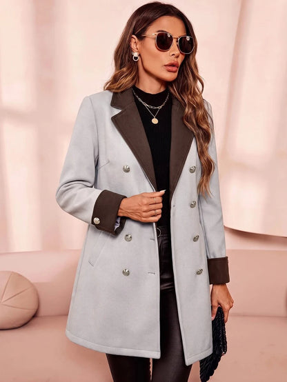 Aveline Double-Breasted Lapel Coat with Tailored Thigh-Length Cut - Apricot