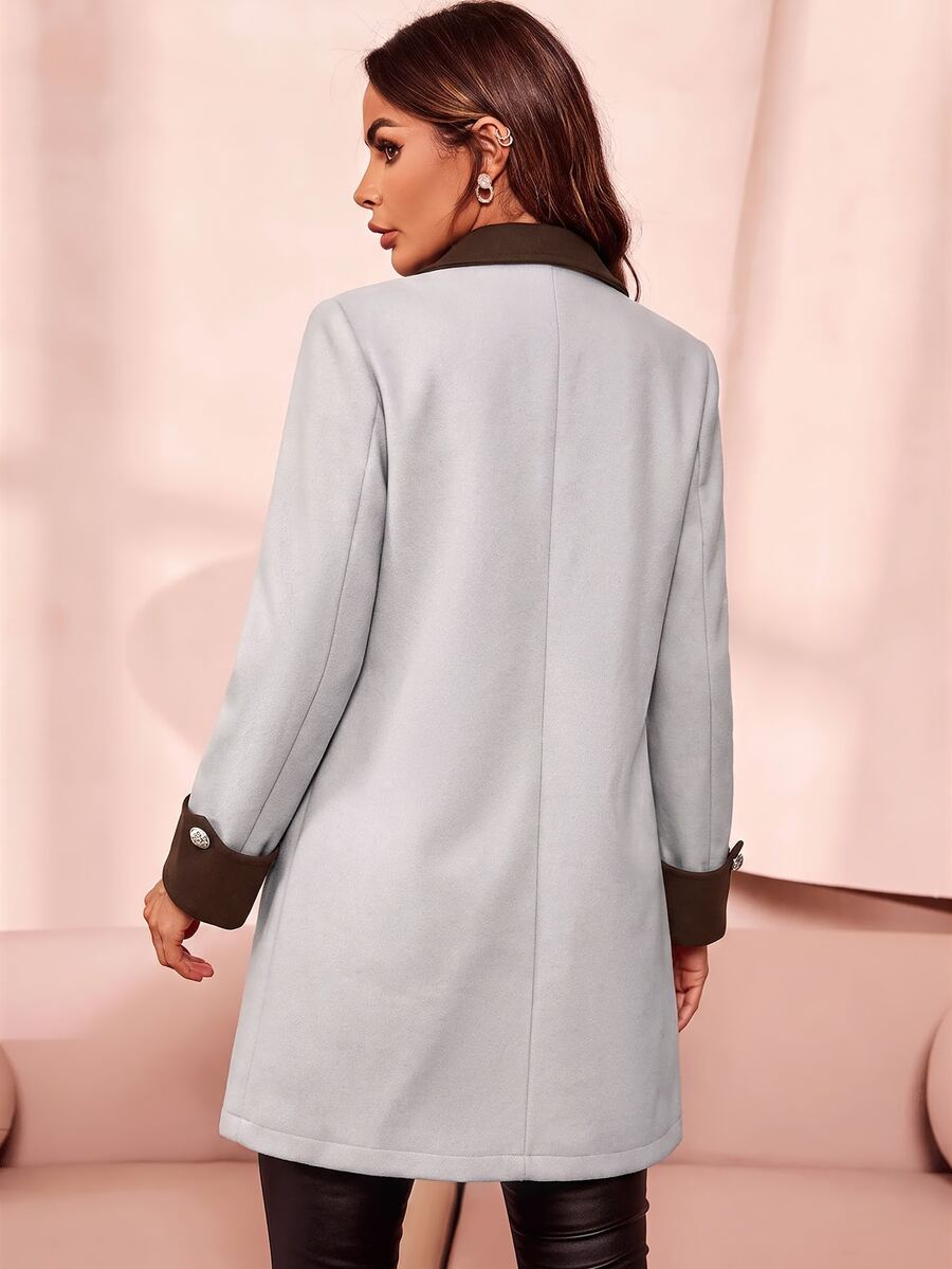 Aveline Double-Breasted Lapel Coat with Tailored Thigh-Length Cut - Grey