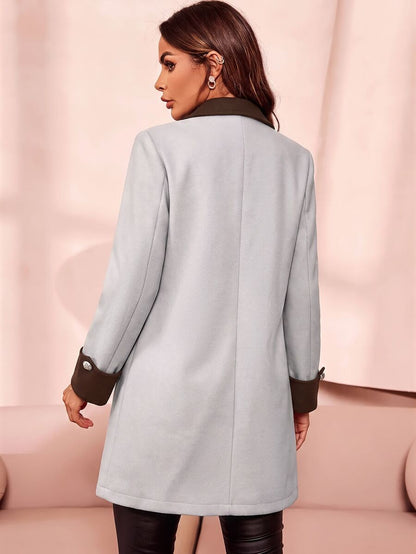 Aveline Double-Breasted Lapel Coat with Tailored Thigh-Length Cut - Grey
