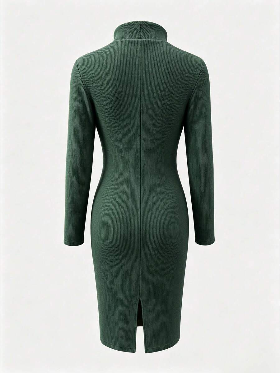 Aurelie Collared V-Neck Ribbed Knit Midi Sweater Dress - Green