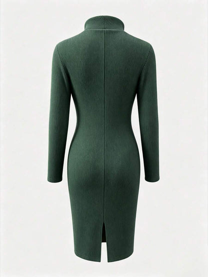 Aurelie Collared V-Neck Ribbed Knit Midi Sweater Dress - Green