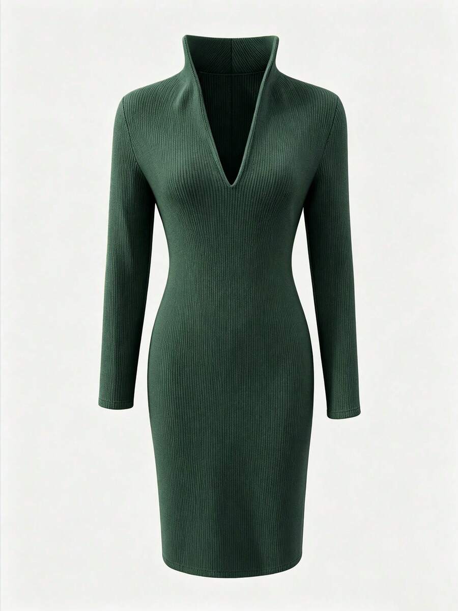 Aurelie Collared V-Neck Ribbed Knit Midi Sweater Dress - Dark Blue