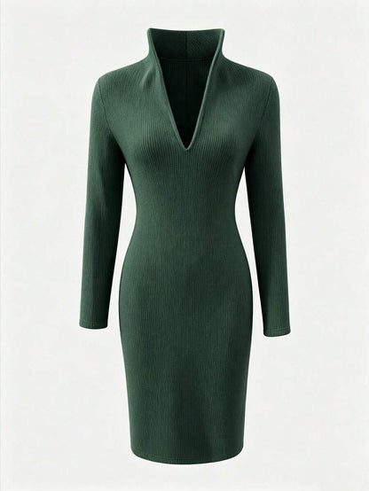 Aurelie Collared V-Neck Ribbed Knit Midi Sweater Dress - Dark Blue
