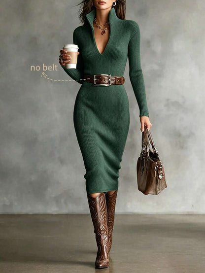 Aurelie Collared V-Neck Ribbed Knit Midi Sweater Dress - Rust Red