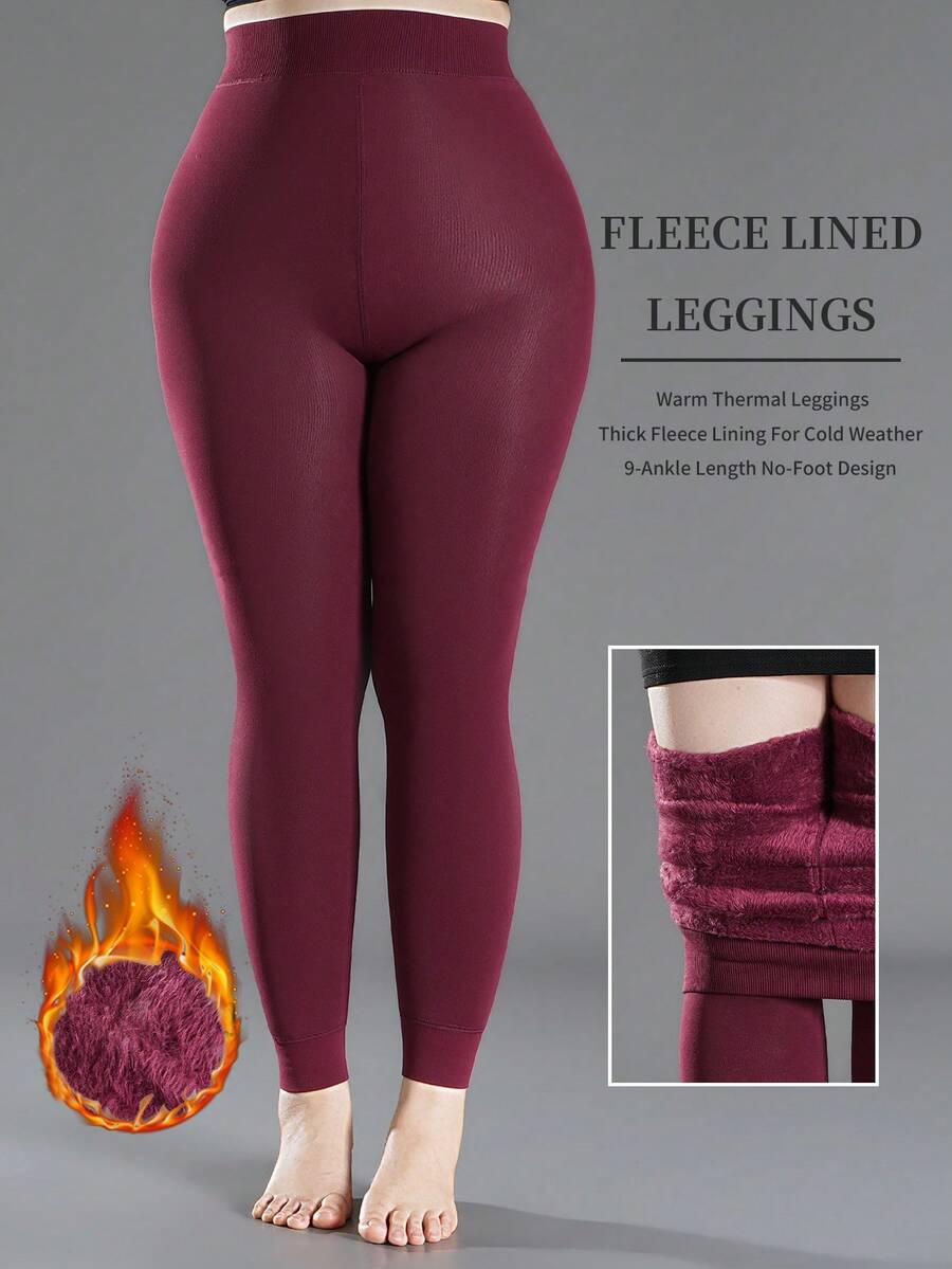 Faye Plush Fleece Lined Leggings Ankle Length Stretch Pants - Burgundy