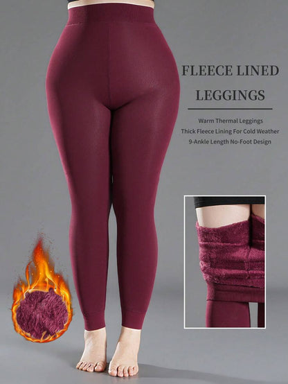 Faye Plush Fleece Lined Leggings Ankle Length Stretch Pants - Burgundy