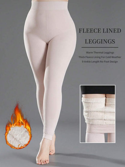 Faye Plush Fleece Lined Leggings Ankle Length Stretch Pants - Beige