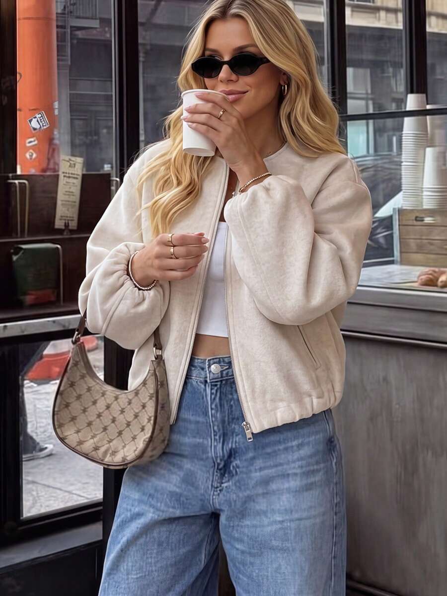 Lillehammer Wool Look Zip Up Cropped Bomber Jacket