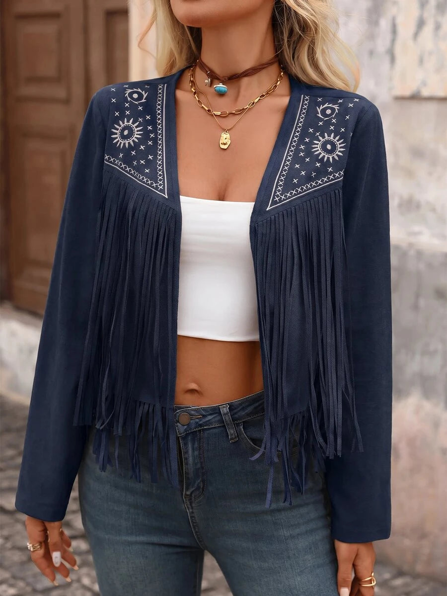Evangeline Fringe Trim Open Front Crop Jacket - Brown