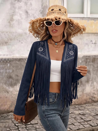 Evangeline Fringe Trim Open Front Crop Jacket - Black