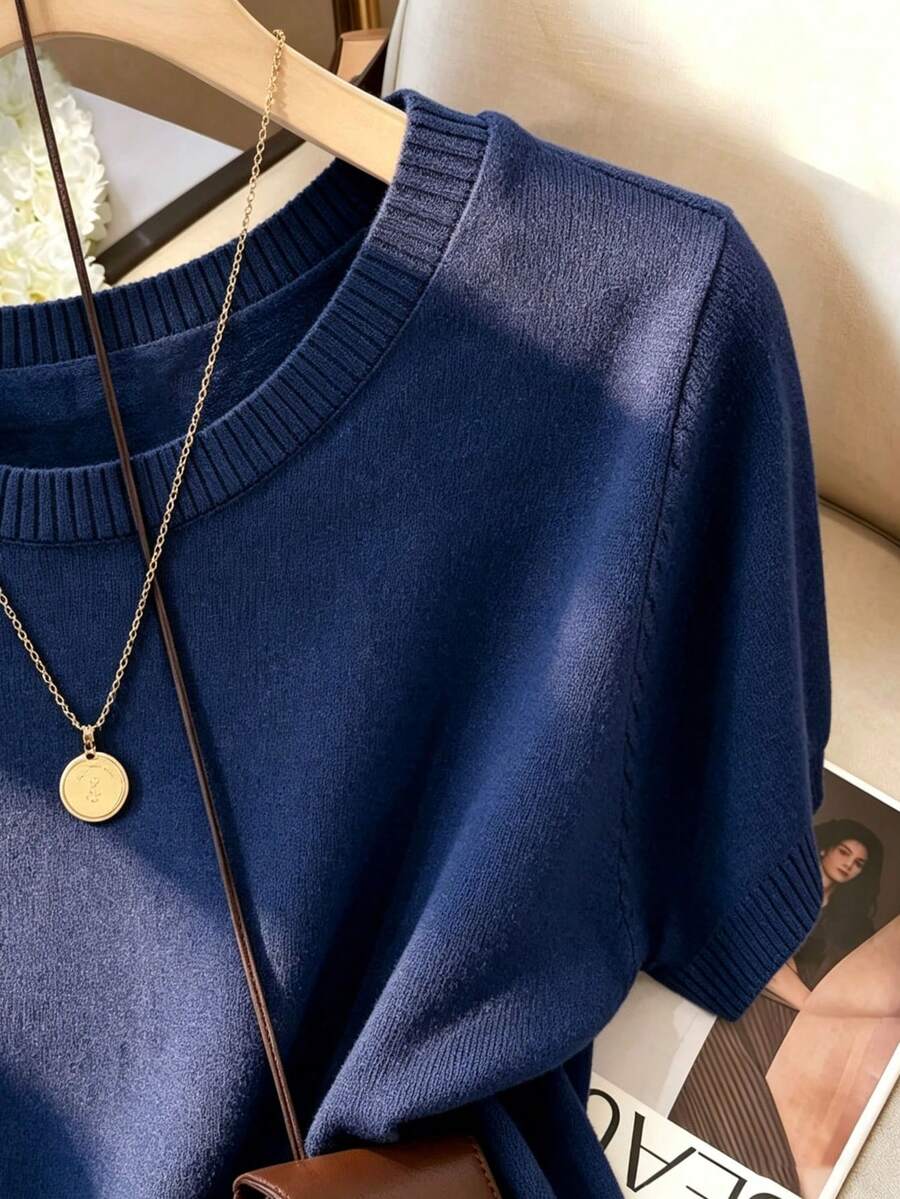 Women's Fine Knit Short Sleeve Top, Crew Neck Sweater Tee for Work and Layering