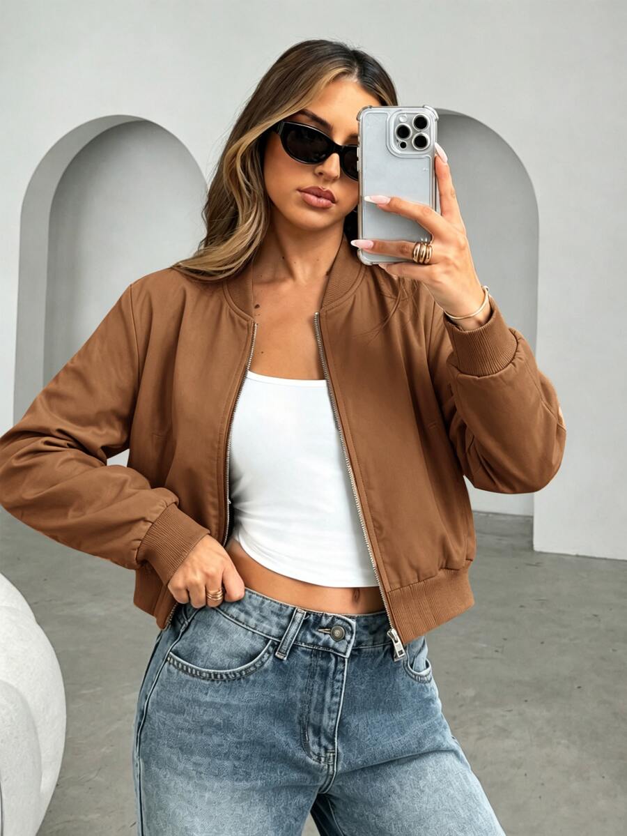 Steamboat Zip Up Bomber Jacket with Ribbed Trim - Brown