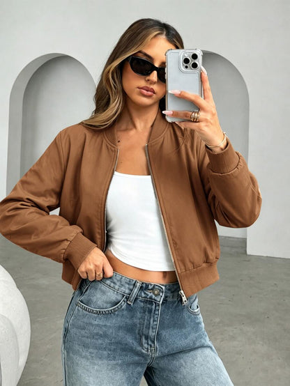 Steamboat Zip Up Bomber Jacket with Ribbed Trim - Brown