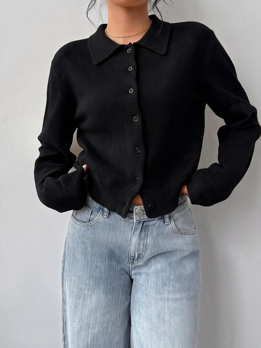 Elowen Round Neck Cropped Cardigan - Black