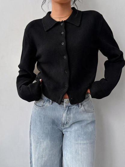 Elowen Round Neck Cropped Cardigan - Black