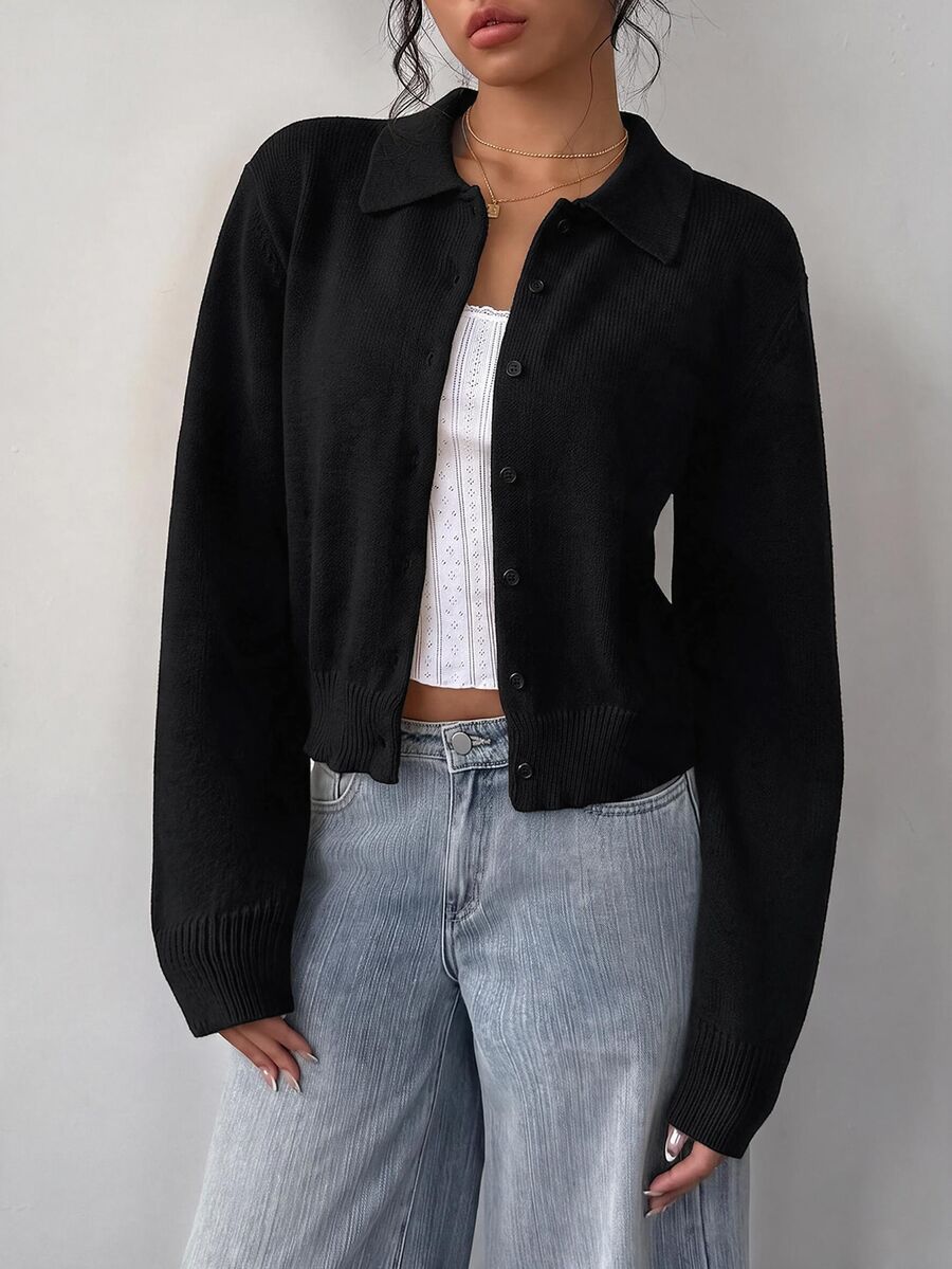 Elowen Round Neck Cropped Cardigan - Black