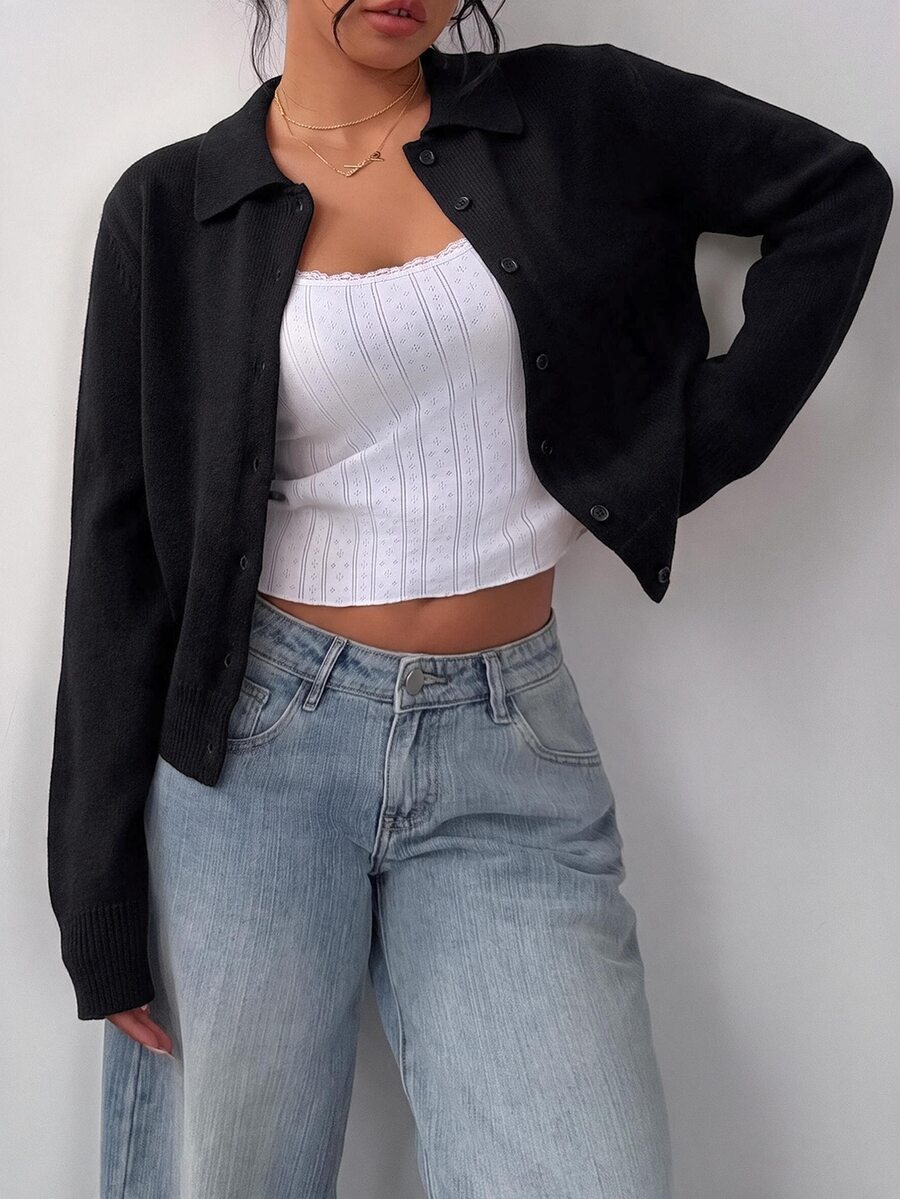 Elowen Round Neck Cropped Cardigan - Black