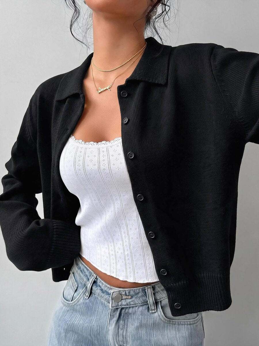 Elowen Round Neck Cropped Cardigan - Black