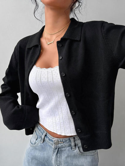 Elowen Round Neck Cropped Cardigan - Black