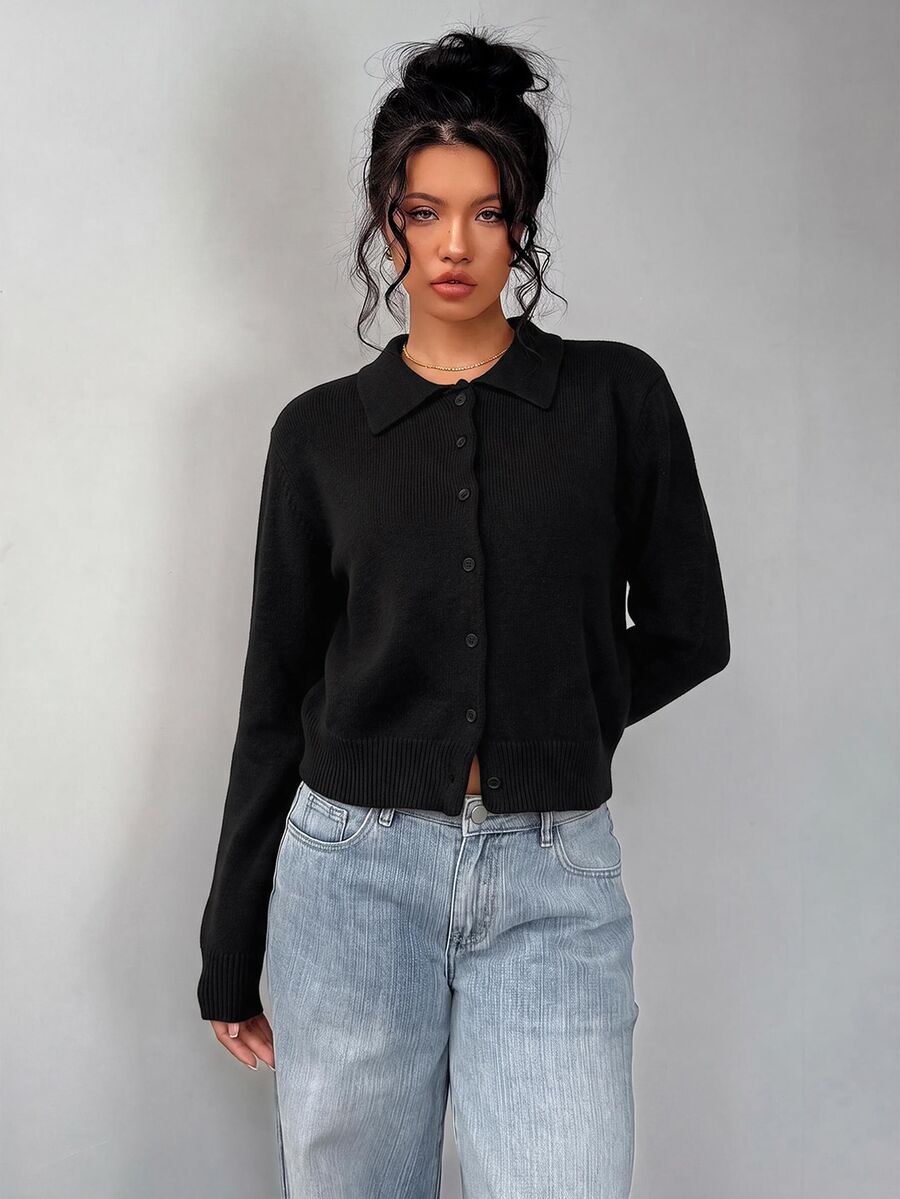Elowen Round Neck Cropped Cardigan - Black