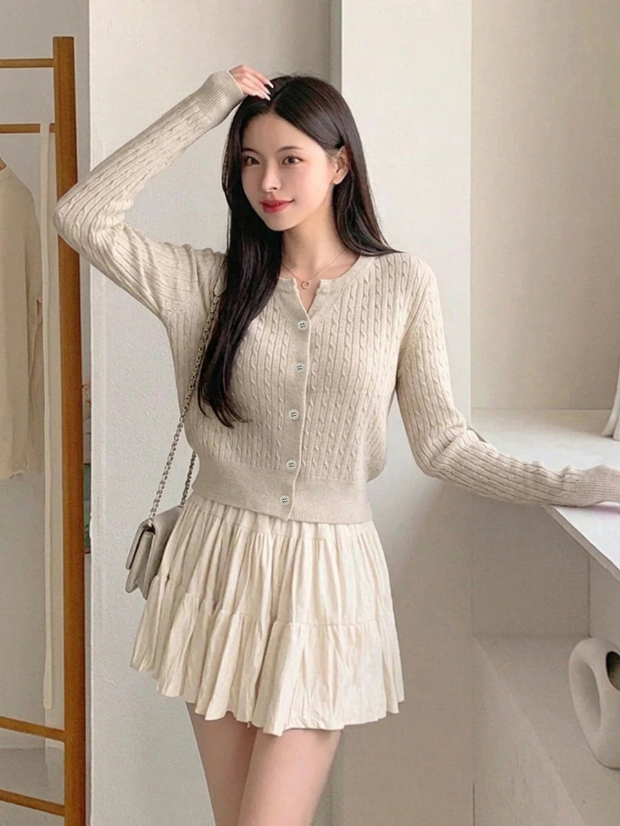 Women's Fitted V-Neck Button Front Cardigan, Twist Knit Sweater for Work and Fall - White