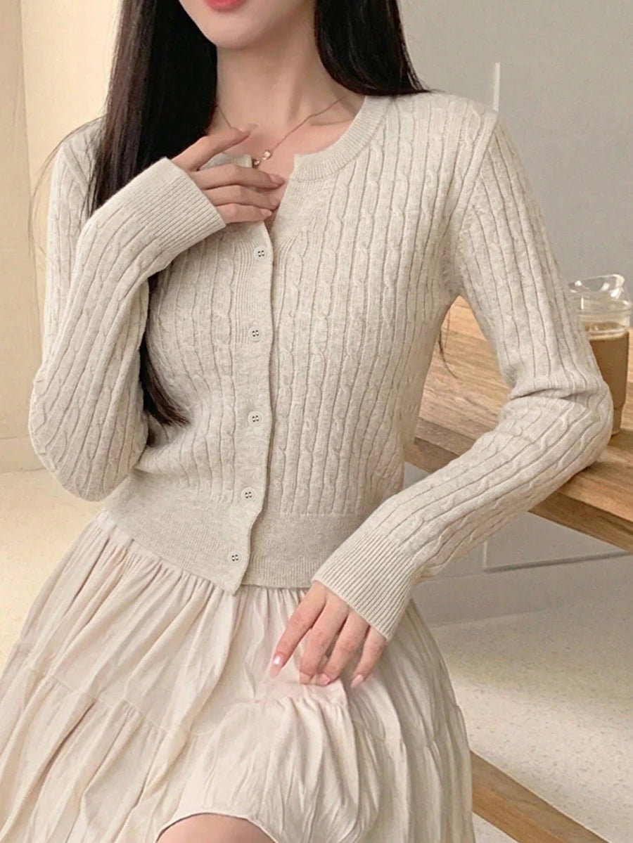 Women's Fitted V-Neck Button Front Cardigan, Twist Knit Sweater for Work and Fall - Khaki