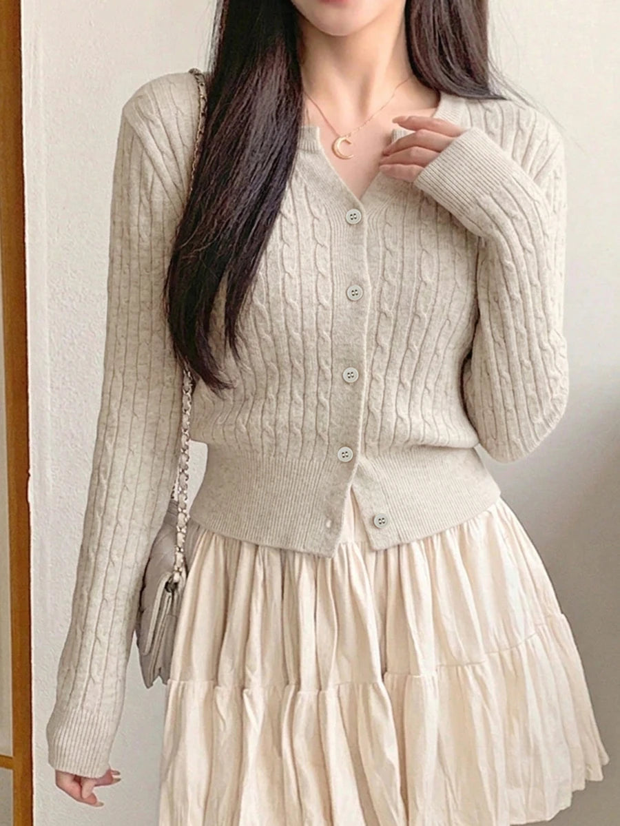 Women's Fitted V-Neck Button Front Cardigan, Twist Knit Sweater for Work and Fall - Brown