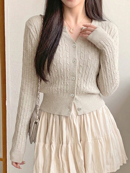 Women's Fitted V-Neck Button Front Cardigan, Twist Knit Sweater for Work and Fall - Brown