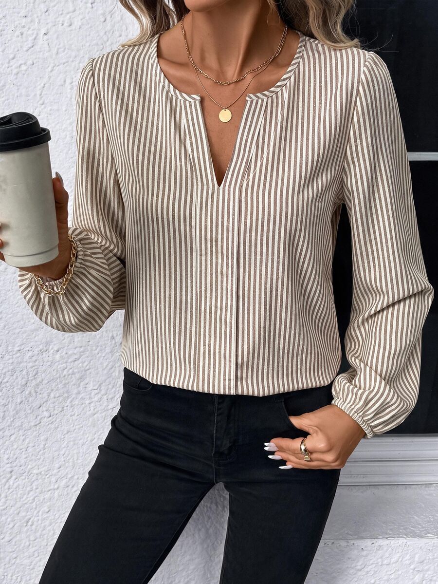 Nell Long Sleeve Blouse with Split V Neck and Lantern Sleeves - Beige Pinstripe