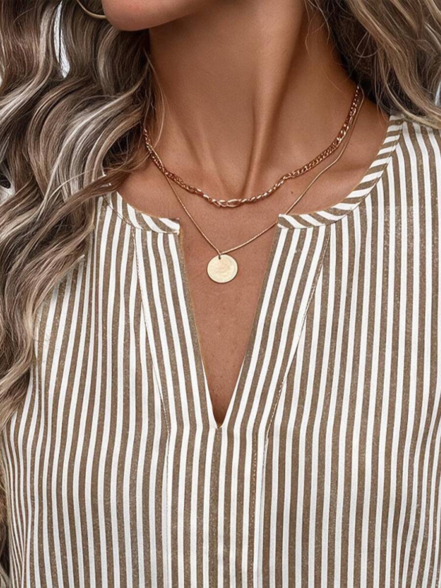 Nell Long Sleeve Blouse with Split V Neck and Lantern Sleeves - Beige Pinstripe