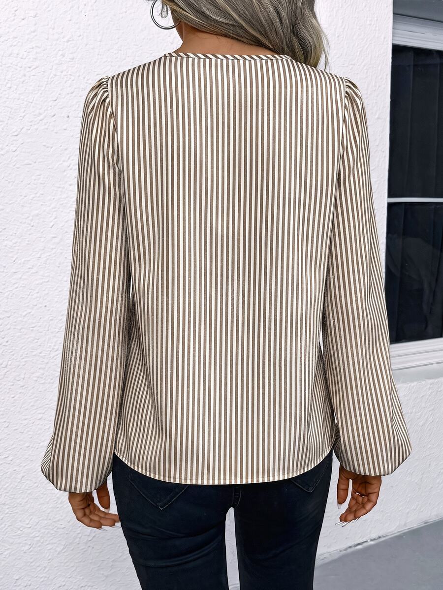 Nell Long Sleeve Blouse with Split V Neck and Lantern Sleeves - Beige Pinstripe