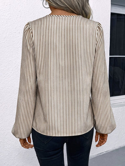 Nell Long Sleeve Blouse with Split V Neck and Lantern Sleeves - Beige Pinstripe