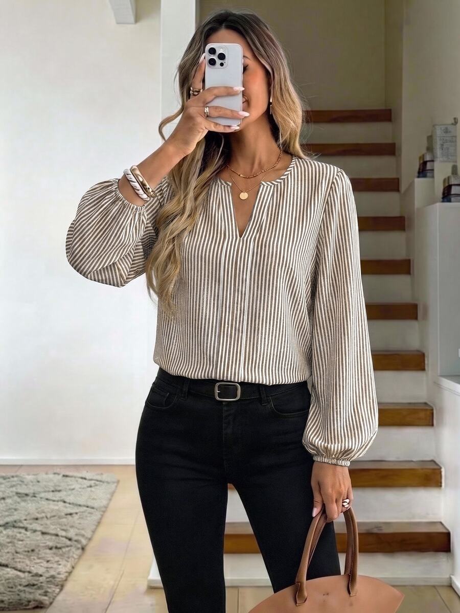 Nell Long Sleeve Blouse with Split V Neck and Lantern Sleeves - Beige Pinstripe