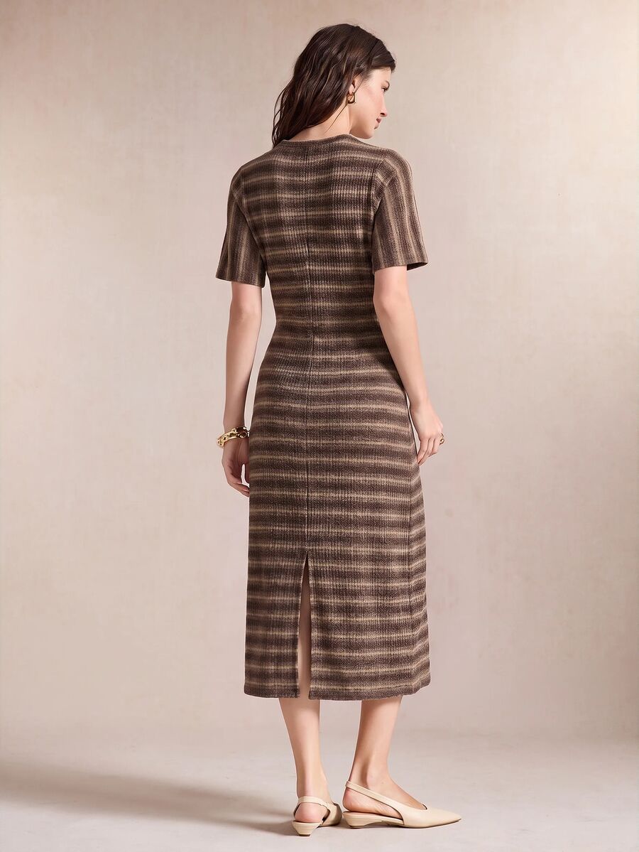 Leona Round Neck Half Sleeve Ruched Waist Midi Dress - Brown